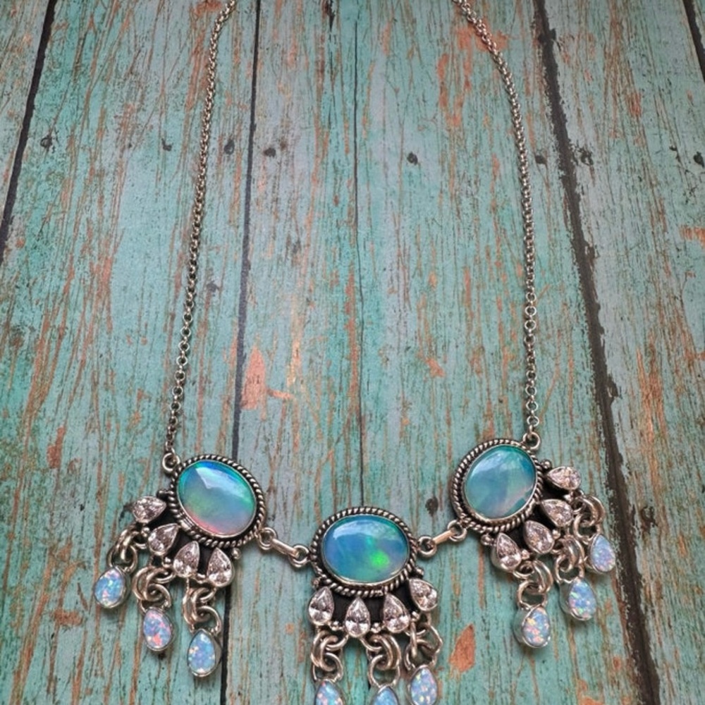 Handmade Blue Opal, Light Blue Fire Opal, CZ & Sterling Silver Tassel Necklace